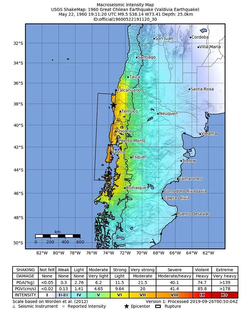 Seismická mapa zemětřesení v Chile 1960